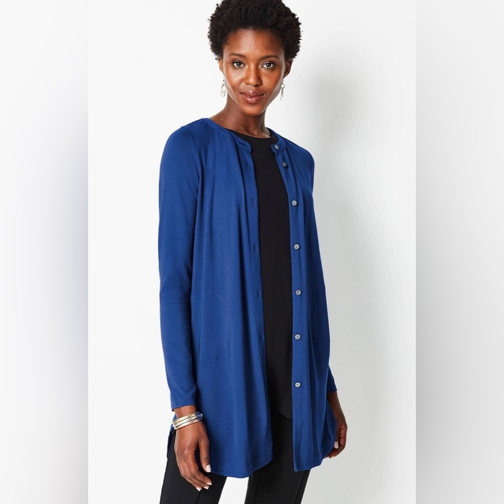 J.Jill Wearever Button-Front Long-Line Tunic Cardigan Blue Medium Minimalist